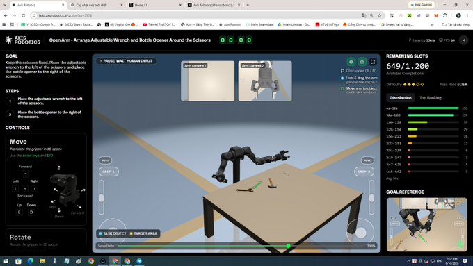 A browser window shows the 'AXIS ROBOTICS' platform running a simulation titled 'Open Arm - Arrange Adjustable Wrench and Bottle Opener Around the Scissors', featuring a 3D robotic arm above a table.