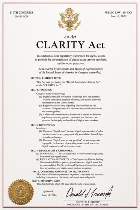 A document titled 'An Act CLARITY Act' from the 119th Congress, establishing a regulatory framework for digital assets, signed by Donald J. Trump on June 18, 2026.