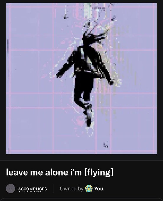 The image features an album cover with a black silhouette of a person flying through the air against a purple background. The text below the image reads "leave me alone I'm flying!" and includes a link to the album's website, which is owned by You.