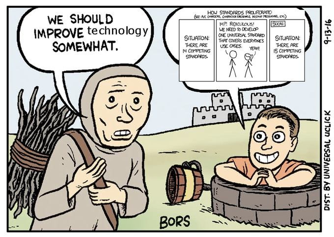 A comic by 'Universal Wuck' featuring a medieval figure suggesting 'WE SHOULD IMPROVE technology SOMEWHAT' to a person in a well who explains the problem of competing standards with an XKCD-style chart.