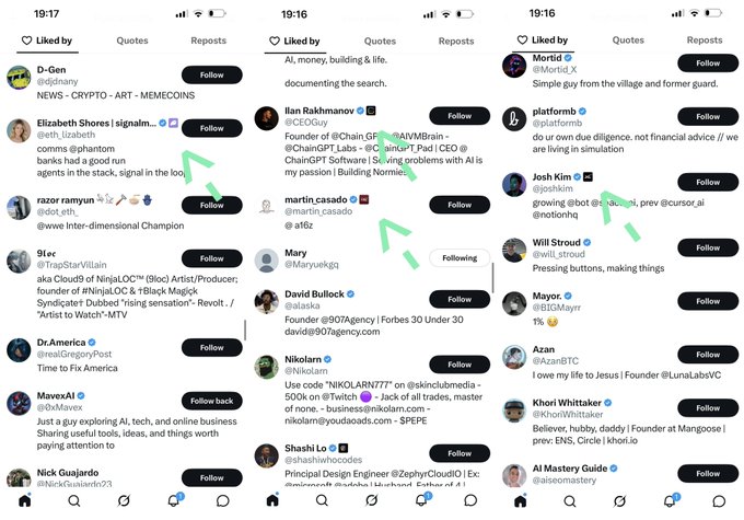 Three side-by-side screenshots display Instagram-like "Liked by" follower lists, with green arrows highlighting specific accounts—@joshkim from @SpaceX, @CEOGuy (Founder of @Chain_GPT), @martin_casado from @a16z, and @eth_lizabeth from @phantom—that the poster claims are backing the development of the "Grok 4.6 Trading Bot."