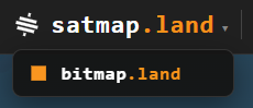 The image shows a dropdown menu displaying "satmap.land" selected at the top with a highlighted option "bitmap.land" below it, illustrating how the newly activated satmap.land URL redirects users to the satmap section of the bitmap.land inscription.