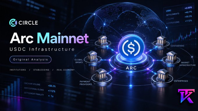 A promotional graphic for 'CIRCLE Arc Mainnet' highlighting 'USDC Infrastructure' with various statistics like '+58.3% ONCHAIN VOLUME' and '+112% INSTITUTIONAL FLOWS'.