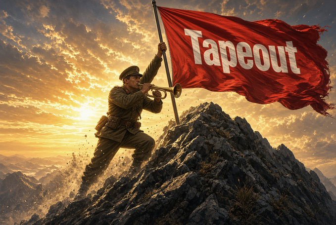 A dramatic AI-generated illustration of a soldier raising a red flag labeled "Tapeout" on a rocky mountain peak at sunset.
