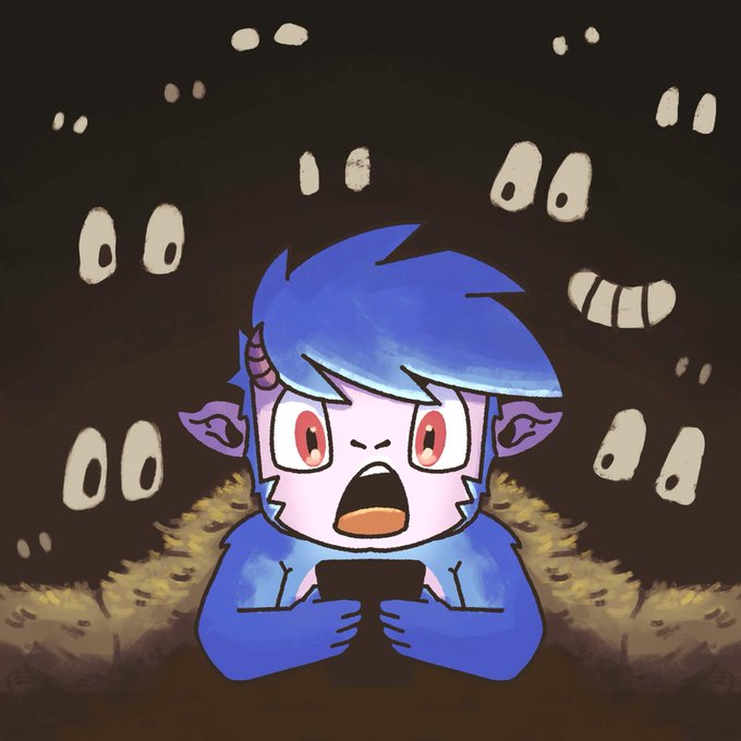 A cartoonish, blue-haired character with wide, terrified eyes is screaming while looking at a phone, surrounded by floating, ghost-like faces in a dark setting.