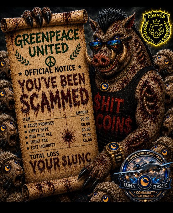 Anti-Greenpeace satirical crypto meme showing a 'GREENPEACE UNITED' notice declaring users have been scammed, referencing 'SHITCOINS' and 'LUNA CLASSIC' community validator.
