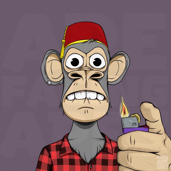 An illustration of a grey ape character wearing a red fez hat with a yellow tassel and a red-and-black plaid shirt, holding a purple lighter that is lit, with a small 'APE FACING APES' logo in the corner.