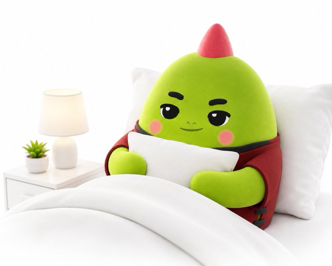 A cute green pear-shaped cartoon character with a red mohawk relaxes in bed hugging a pillow, perfectly illustrating the post's message that quality sleep—not just more hours in bed—is essential for a productive day ahead.