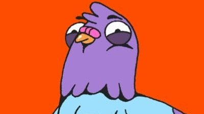 Cartoon illustration of a purple bird-like character with large eyes wearing a light blue shirt against an orange background.
