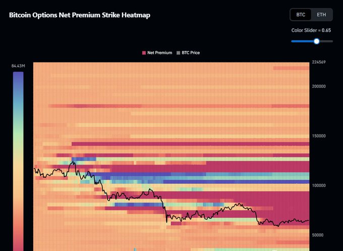 A 'Bitcoin Options Net Premium Strike Heatmap' visualization with a color gradient showing net premium levels across various strike prices, with a BTC price line trending downward.
