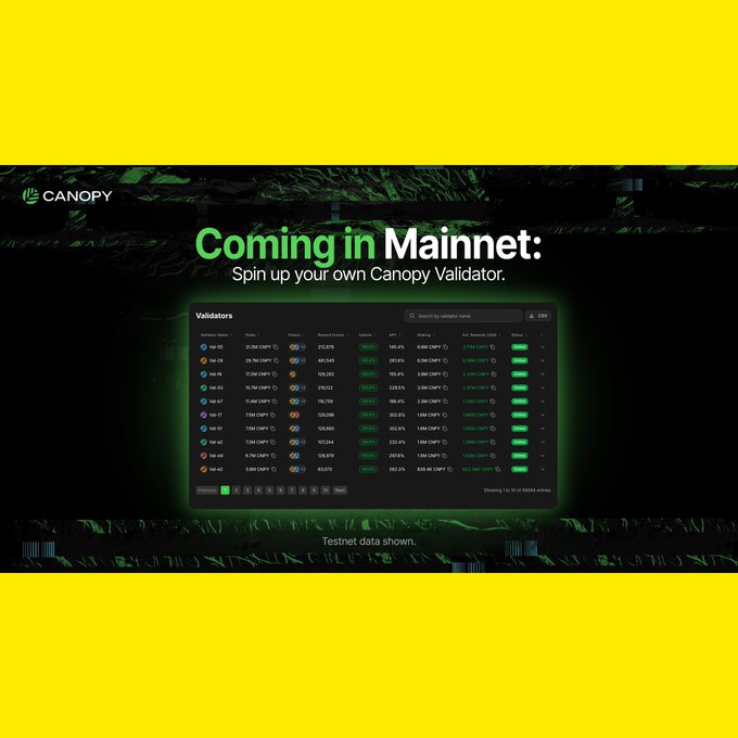 A Canopy network promotional image announcing "Coming in Mainnet: Spin up your own Canopy Validator," displaying a validator dashboard on a green background.