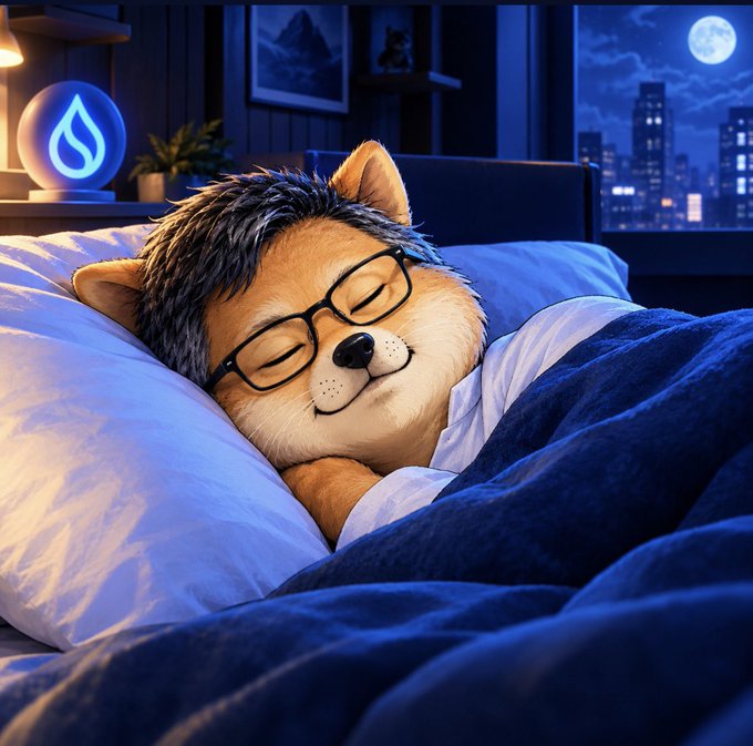 A digital illustration of a Shiba Inu dog wearing glasses, peacefully sleeping in a bed with blue covers in a bedroom at night, with a city skyline and full moon visible through the window and a glowing blue water-drop lamp on the nightstand.