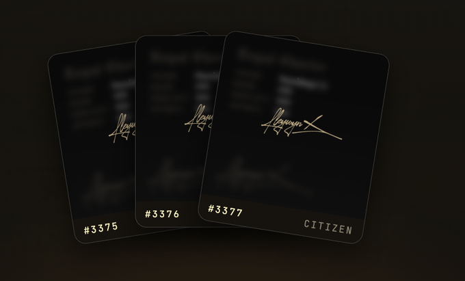 Three dark cards are displayed against a black background, numbered '#375', '#3376', and '#3377', featuring a gold signature and the word 'CITIZEN'.