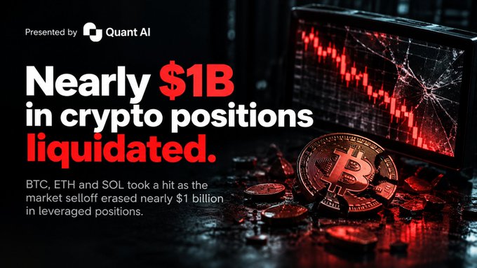 A graphic from Quant AI reporting "Nearly $1B in crypto positions liquidated," accompanied by an image of a cracked computer screen and Bitcoin tokens.