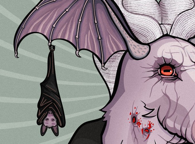 A detailed illustration showing a close-up of a pale, wrinkled creature with a red eye and blood splatters, with a small bat hanging upside down below it.