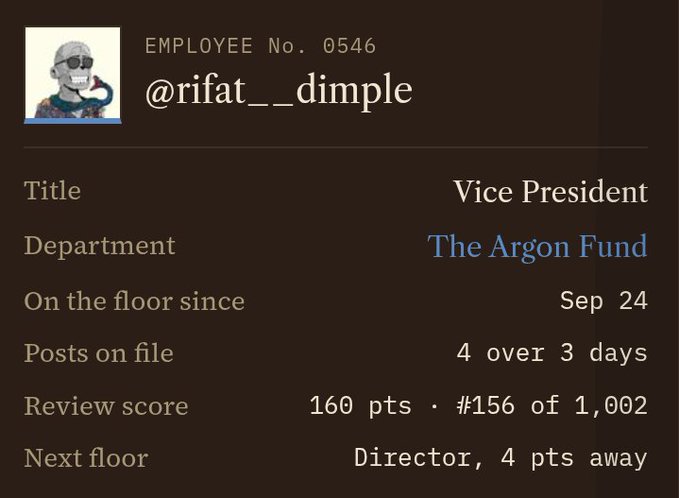 User profile card displaying employee number 0546 with the handle @rifat__dimple, holding the title Vice President in The Argon Fund department since Sep 24, with a review score of 160 pts.