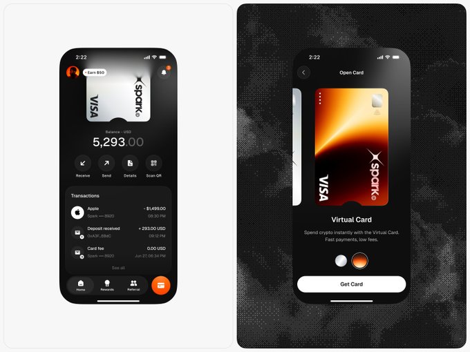 Two mobile app screens for a crypto wallet, showing a balance of 5,293.00 USD and a 'Virtual Card' feature with a Xspark Visa card.