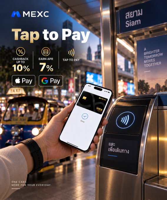 A MEXC cryptocurrency exchange advertisement promoting their 'Tap to Pay' credit card with up to 10% cashback and 7% APR, showing a person paying at what appears to be a Bangkok (Siam) transit station turnstile with Apple Pay and Google Pay support.
