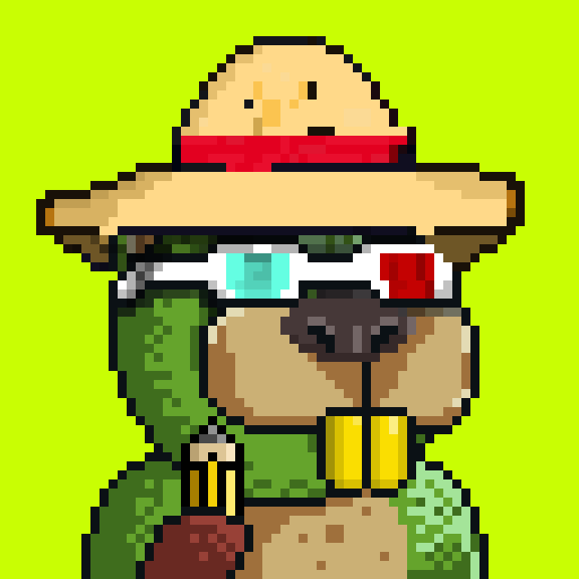 A pixel art character of a detective/scout wearing a straw hat with a red band, sunglasses, and binoculars against a green background.