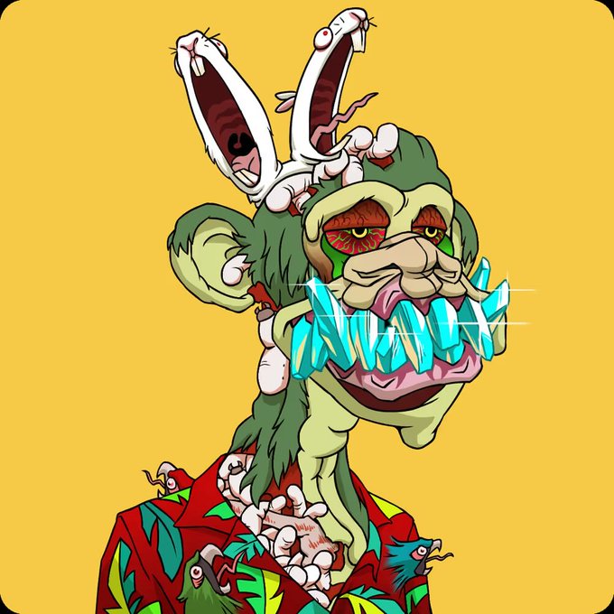A surreal cartoon illustration features a grotesque green-skinned character with diamond-shaped teeth, wearing a red Hawaiian shirt, with strange worm-like creatures emerging from its head and shoulders against a yellow background.