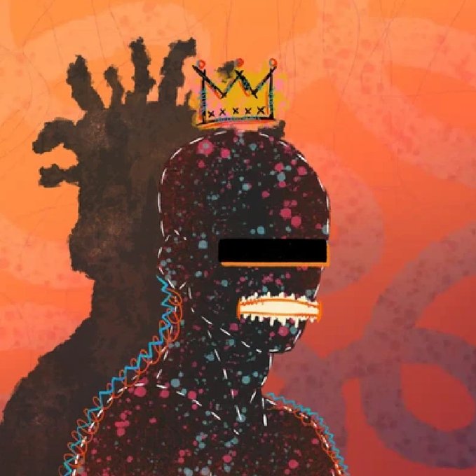 Digital artwork of a crowned figure with a black visor and dotted skin pattern against an orange background, with chains and a shadowy silhouette visible.