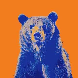 The image features a large, brown bear with its head turned towards the camera, giving us a close-up view of its face. The bear's fur appears to be a mix of blue and orange colors, creating an interesting visual effect. The background is a solid orange color that contrasts with the bear's fur, making it stand out even more. The image also includes text that reads "Gm gm fellas on Ethereum by @bagdelete Be there fellas...", which seems to be related to the bear or the post in some way.
