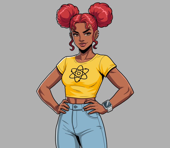 A cartoon illustration of a young woman with red hair styled in two buns, wearing a yellow crop top with an atom symbol, light blue jeans, and a smartwatch.