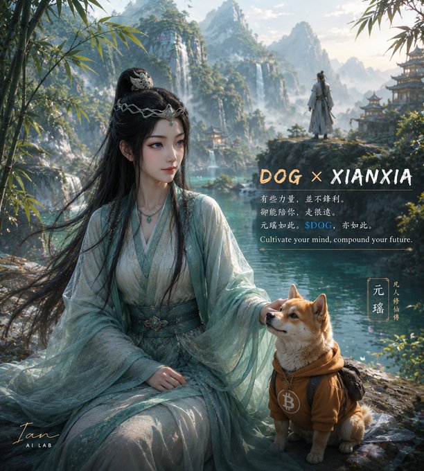 A fantasy-style digital artwork titled 'DOG × XIANXIA' depicting an elegant woman in flowing robes beside a Shiba Inu dog wearing a Bitcoin hoodie, with text including '$DOG' and 'Cultivate your mind, compound your future.'