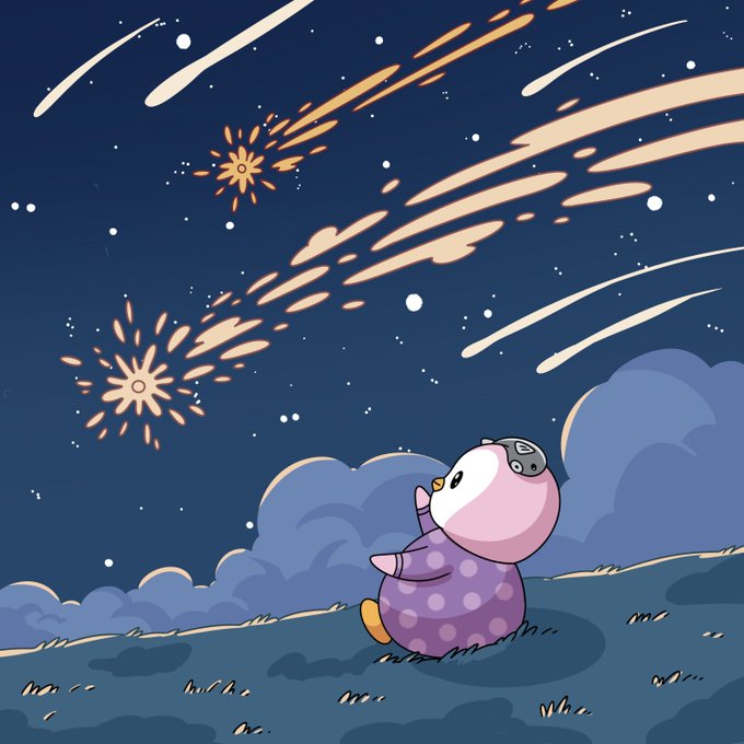 An illustration of a small round character in a purple polka-dot outfit sitting on a grassy hill watching comets/stars streak across a dark blue night sky.