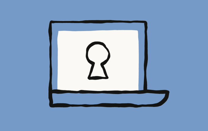 A simple hand-drawn illustration of a laptop on a blue background, with a keyhole symbol displayed on its screen.
