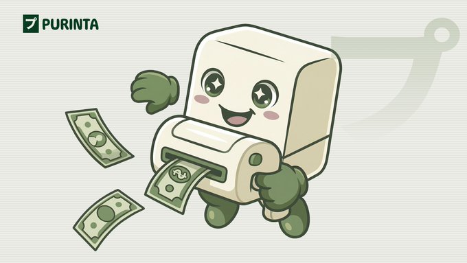 The Purinta logo appears above a cute cartoon printer mascot dispensing green dollar bills with cheerful star-shaped eyes.