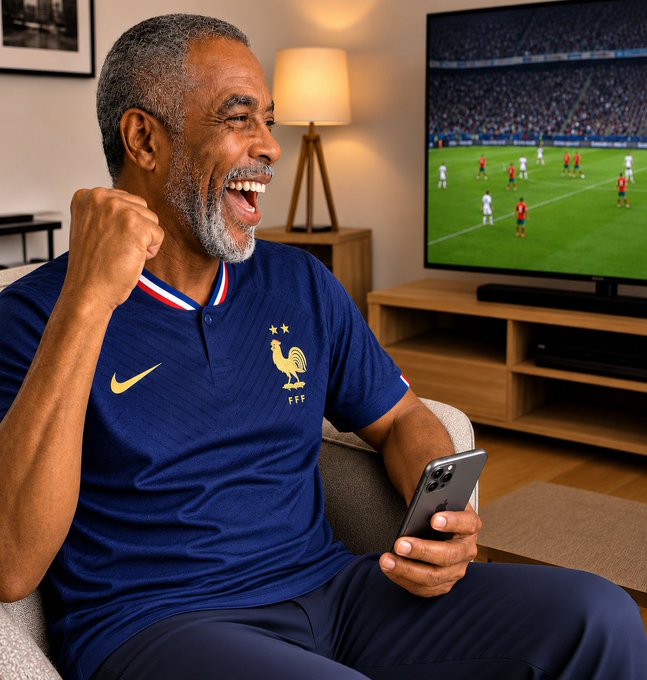 An older man wearing a blue French national football jersey (with "FFF" and the rooster crest visible) sits on a couch celebrating enthusiastically with a clenched fist while holding a smartphone, as a soccer match plays on the TV behind him. The image captures the same energy described in the post—someone visibly thrilled and engaged, mirroring the excitement of seeing Lobistars return with impressive numerical trends on Twitter.