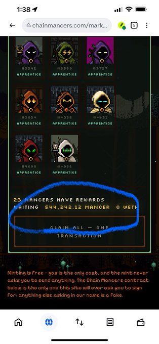 A mobile screenshot of chainmancers.com showing pixel art NFT characters (apprentices) with a circled text reading '22 MANCERS HAVE REWARDS WAITING 544,292.12 MANCER' and a 'CLAIM ALL' button.
