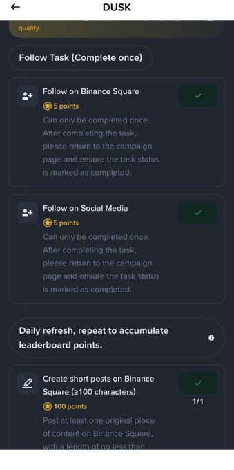 A mobile app interface titled 'DUSK' showing a task list including 'Follow on Binance Square', 'Follow on Social Media', and 'Create short posts on Binance Square', with several tasks marked complete.