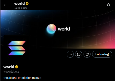 A social media profile page for 'world' (@world_xyz) with 7,245 posts, labeled 'the solana prediction market' and marked as 'Following,' featuring the same colorful sphere logo.