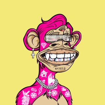 A digital illustration of a pink Bored Ape-style character with spiky pink hair, reflective sunglasses, a cross earring, a chain necklace, a "CHRIST" tattoo, and various symbols on its chest against a yellow background.