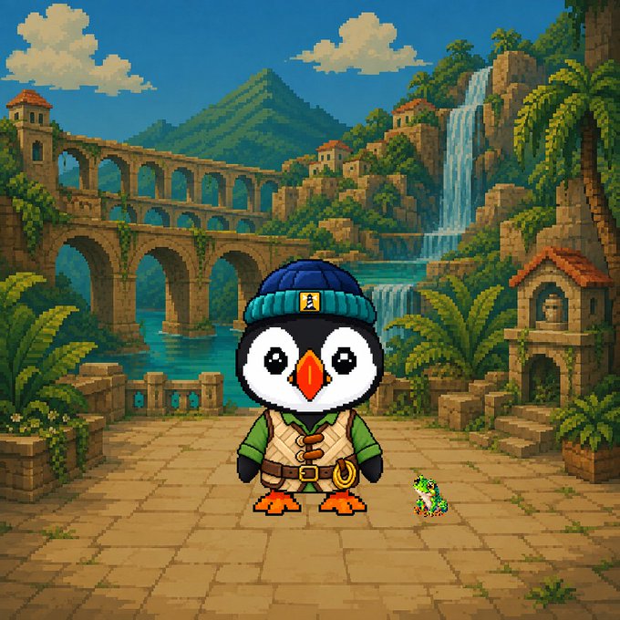 A pixel-art penguin wearing a blue beanie and adventurer's vest stands on a stone path with a small green frog companion, set against a backdrop of ancient aqueducts, waterfalls, and tropical ruins.