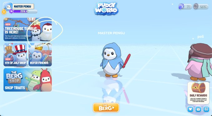 A screenshot from the game "Pudgy World" shows a penguin character named "MASTER PENGU" wearing a blue hood and holding a red sword, standing in an icy environment with various menu options like "4TH OF JULY DROP," "KEYPER FRIENDS," "THE BERG SHOP," and "DAILY REWARDS" displayed around the screen. The post highlights the creator's excitement about their custom penguin appearing on the game's home page and mentions selling another penguin NFT to @kpanter18.