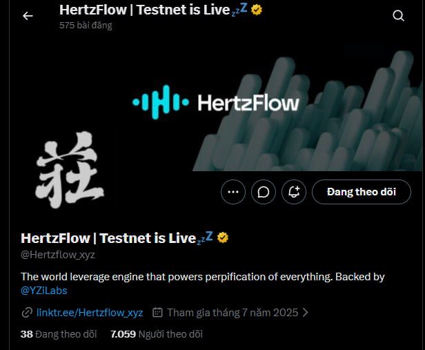Twitter/X profile page for 'HertzFlow | Testnet is Live' (@Hertzflow.xyz) with bio reading 'The world leverage engine that powers perification of everything. Backed by @YZiLabs', 7,059 followers.