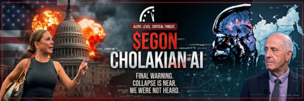A YouTube-style thumbnail titled 'SEGON CHOLAKIAN AI' with 'FINAL WARNING. COLLAPSE IS NEAR. WE WERE NOT HEARD' featuring a woman and an older man with the U.S. Capitol exploding in the background.