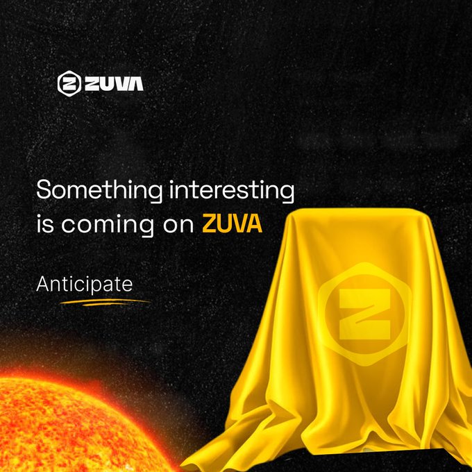 A promotional teaser image for ZUVA shows a golden-yellow cloth draped over an object displaying the ZUVA logo, set against a dark background with the sun in the lower left corner. The text reads "Something interesting is coming on ZUVA" and "Anticipate," building mystery around an upcoming announcement likely targeting miners who have been involved with the project since launch.