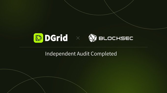 The image shows a dark-themed announcement graphic featuring the DGrid and BlockSec logos side by side with "Independent Audit Completed" text below, visually confirming the completion of BlockSec's security audit of DGrid's DGAI staking contracts on BNB Chain as described.
