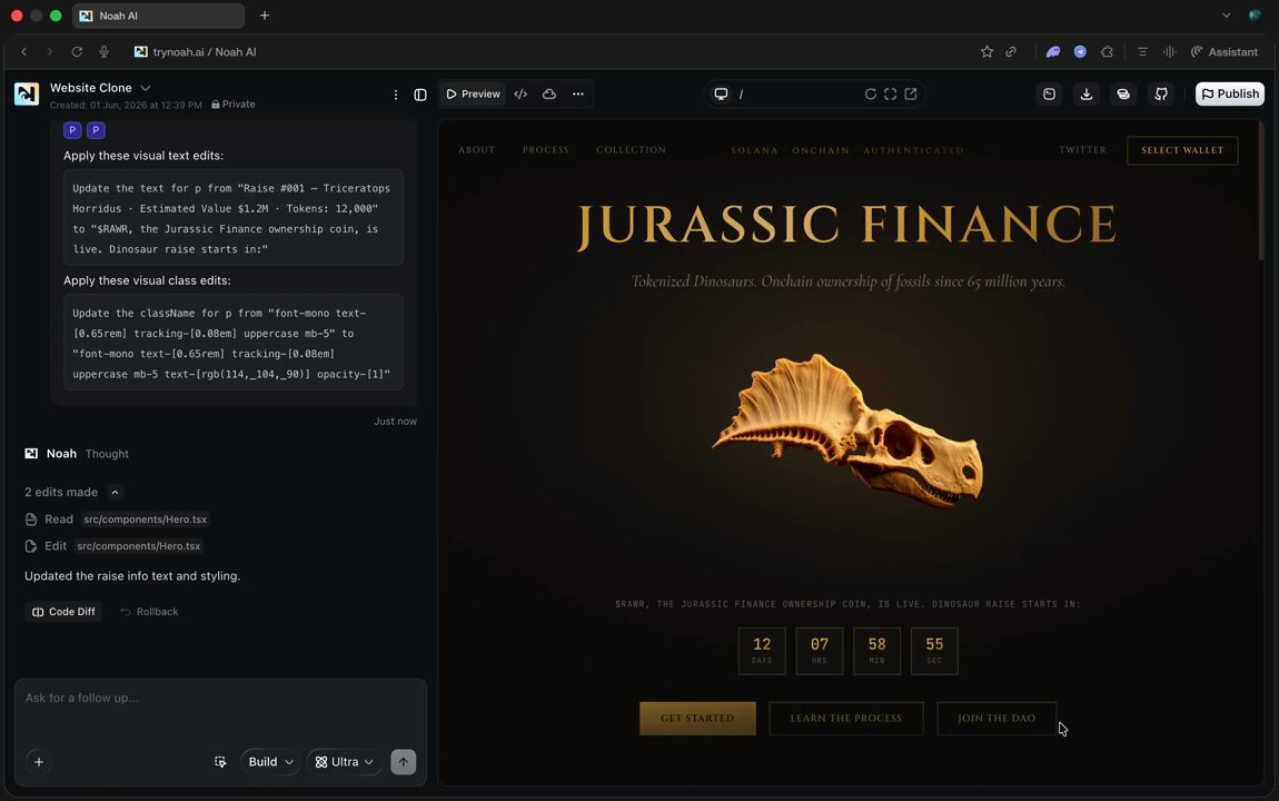The image shows a screenshot of a computer screen displaying a website related to dinosaur finance. There are multiple tabs open on the desktop, including one for a dinosaur fossil display. A chat window with a message from @ TryNoahAI is also visible in the scene. The text on the page mentions that the dinosaur fund has been trending and is now being discussed on social media platforms like Twitter.
