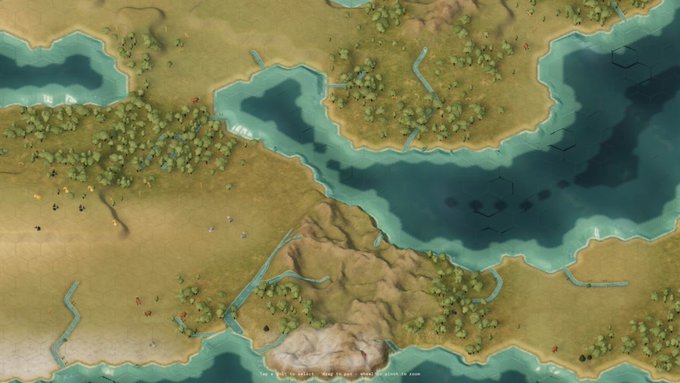 A hex-grid map showing terrain with forests, water, a rocky outcrop, and small units scattered across the land, likely from a strategy video game.
