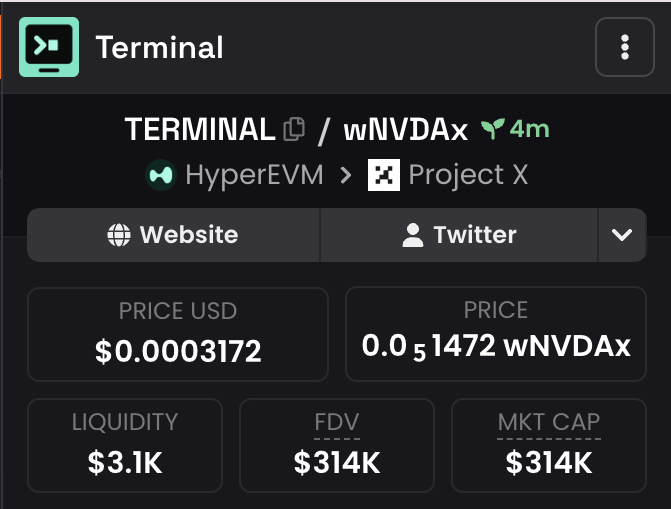 The image shows a token trading interface for "Terminal" (ticker: wNVDax) on the HyperEVM blockchain, displaying key metrics including a price of $0.0003172 USD (0.051472 wNVDax), liquidity of $3.1K, and a market cap/FDV of $314K. This aligns with the post's announcement of creating a new pool in the Terminal/NVDA pair, showing the live trading data for the newly launched token.