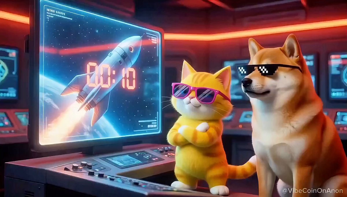 The image features a cat wearing sunglasses, standing next to a dog who has its arms crossed over its chest. They are both looking at a computer monitor that displays a rocket ship. The caption below the image reads "We never give up".