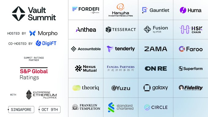 Vault Summit event flyer hosted by Morpho and co-hosted by DigiFT taking place October 9 in Singapore, with summit ratings partner S&P Global Ratings and sponsors including FORDEFI, Hanwha, Gauntlet, Huma, Anthea, Tesseract, Fusion, HSK Chain, Accountable, Tenderly, ZAMA, Faroq, Nexus Mutual, Fangda Partners, OnRe, Superform, Theoriq, Yuzu, Galaxy, Fidelity, Franklin Templeton, Standard Chartered, and Circle