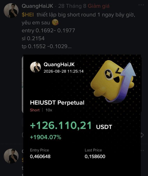 A social media post by QuangHaiJK announces a big short position on $HEI with entry 0.1692-0.1977, SL 0.2154, TP 0.1552-0.1029, showing a HEIUSDT Perpetual short profit of +126,110.21 USDT (+1904.07%).
