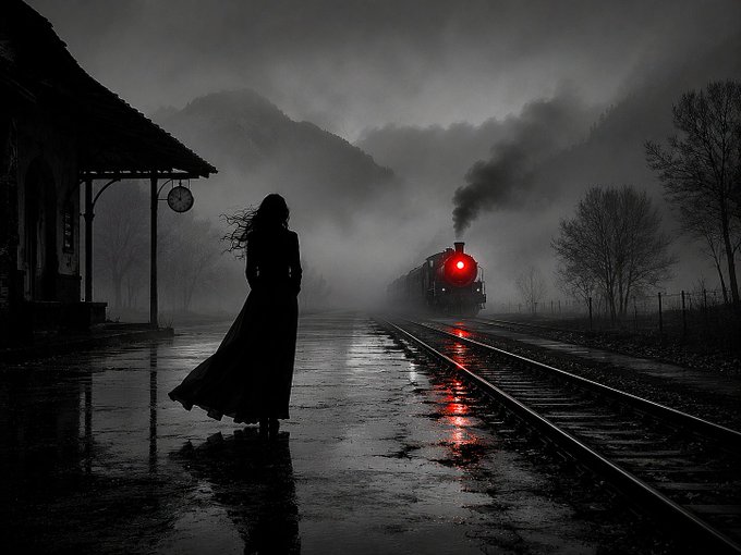 A moody, atmospheric black and white image of a woman in a long dress standing at a foggy train station platform as a train with glowing red lights approaches through the mist.