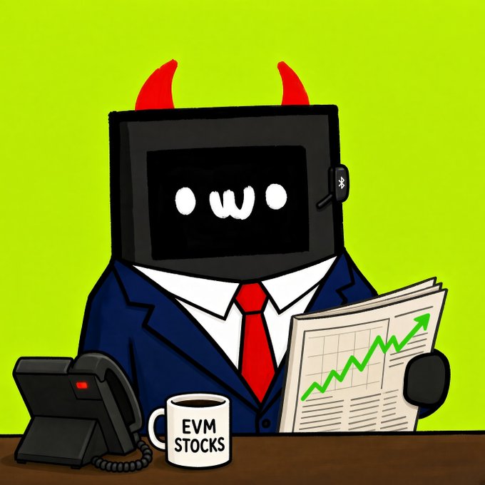 A cartoon devil-faced character in a suit and tie sits at a desk reading a newspaper with a rising stock chart, next to a coffee mug labeled "EVM STOCKS" and an old phone—fitting the post's bewildered "the fuck going on here" reaction to seemingly irrational EVM stock surges.